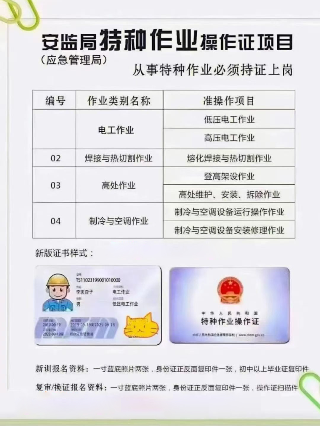 安监局特种作业操作证项目及报名材料说明